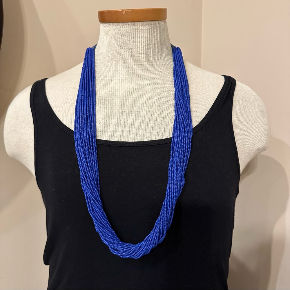 Fossil Necklace long blue seed bead multistrand with leather back BOHO